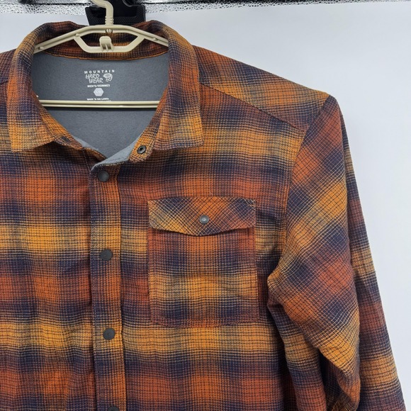 Mountain Hardwear Shirt Shacket Jacket Mens Large Orange Brown Plaid Snap Front - Picture 7 of 14